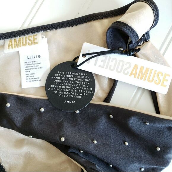 AMUSE SOCIETY Eliza micro stud cheeky swim bikini bottom in charcoal Size L NEW - Picture 5 of 7